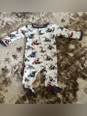 Magnetic Me White Footed One-Piece with Blue and Red Bunny Motorcycle Print